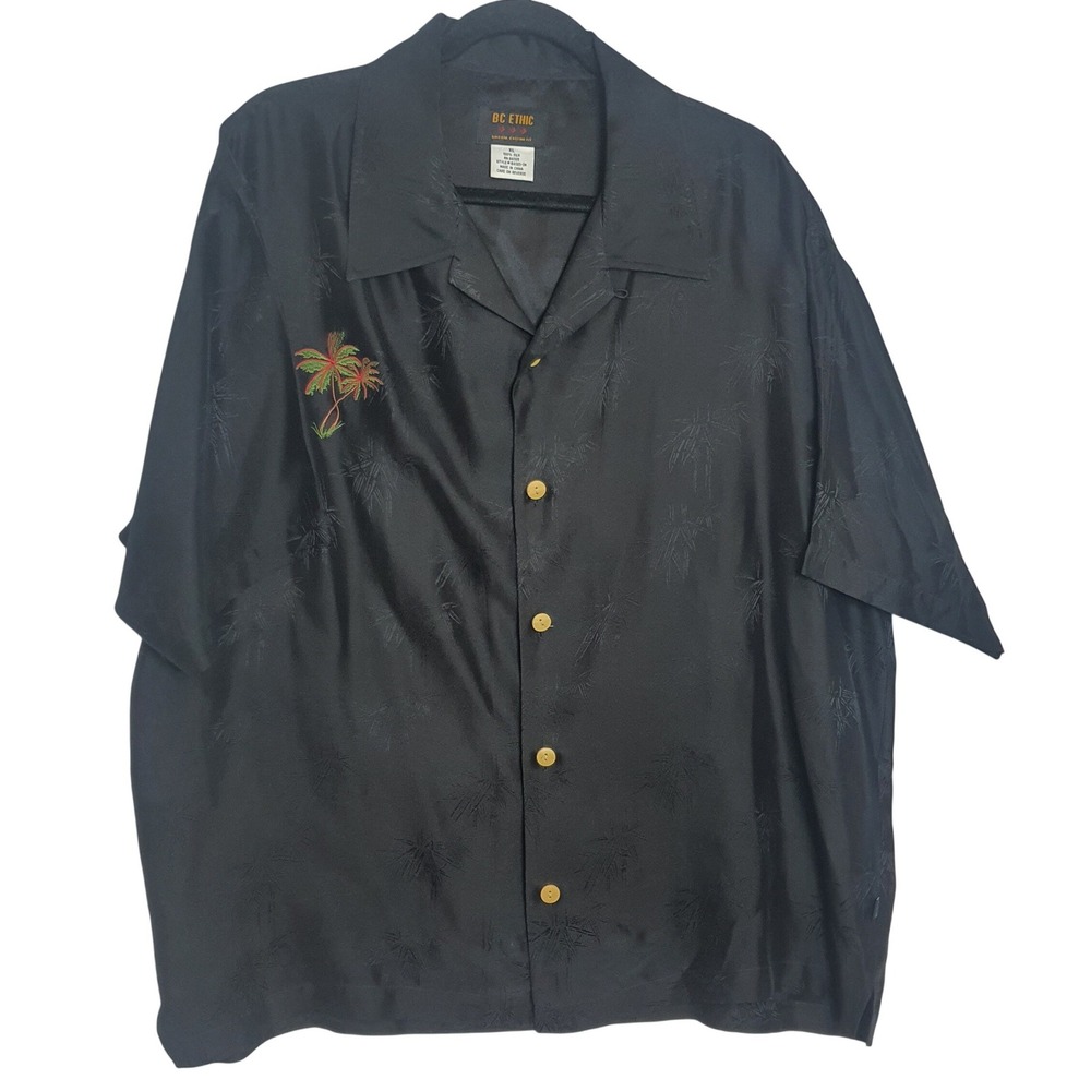 BC Ethic Mens XL Black 100% Silk Aloha Embroidered Hawaiian Camp Shirt Volcano - Picture 2 of 13